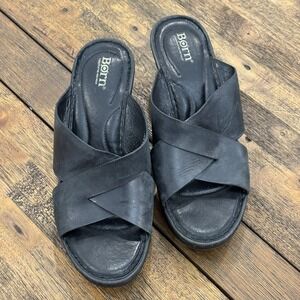 Born Leather Slide Sandals Womens 10 Black Platform Comfort Cross Strap Shoes